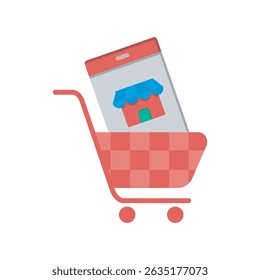 Simple line art illustration of a shopping cart with a smartphone displaying a shop icon. This image represents the concept of online shopping, e-commerce, and mobile commerce.