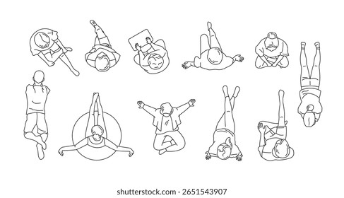 Simple line art illustration showing top views of people. Various poses including sitting, lying, and stretching. Minimalist style with a focus on geometric shapes.