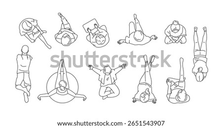 Simple line art illustration showing top views of people. Various poses including sitting, lying, and stretching. Minimalist style with a focus on geometric shapes.