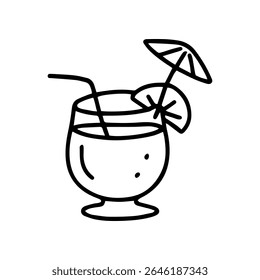 Uma ilustração simples mostra um copo de coquetel cheio de uma bebida, adornado com uma palha, uma fatia de cítricos e um guarda-chuva decorativo