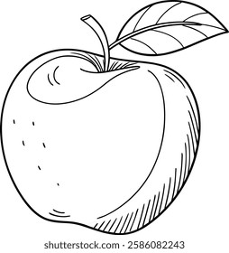 A simple line art illustration of a single, ripe apple. It features a detailed stem and leaf. The style is reminiscent of a vintage sketch.