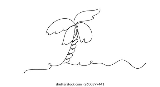 Simple line art illustration of a single palm tree. Designed with continuous lines, this artwork depicts a tropical palm with minimalistic style, ideal for modern design.