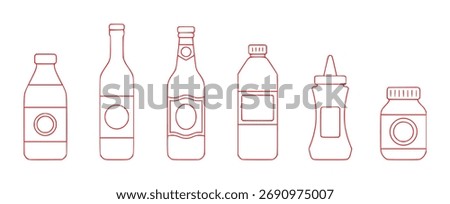 A simple line art illustration of six different red outline bottles and jars, including sauce bottles and jars, arranged horizontally on a white background.