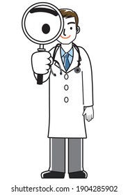 Simple line art illustration of a smiling male doctor with a magnifying glass magnifying glass, full body white coat tie