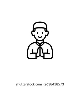 A simple line art illustration of a smiling boy in traditional Muslim attire, performing a respectful salutation.