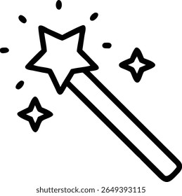 Uma ilustração de arte de linha simples de uma varinha mágica com pontas de estrela com brilhos e pequenas estrelas ao redor dela em preto
