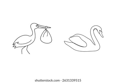 Ilustração de arte de linha simples de uma cegonha carregando um feixe e um design elegante de cisne