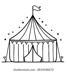 Simple line art illustration of a striped circus tent with a flag and stars for a coloring book page