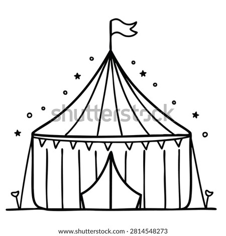 Simple line art illustration of a striped circus tent with a flag and stars for a coloring book page