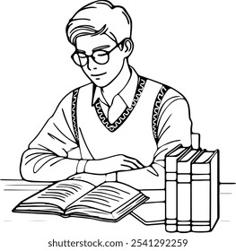 A simple line art illustration of a student sitting at a desk with books, wearing glasses and displaying a focused expression. Minimalistic design with clean, thin lines.