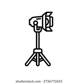 Simple line art illustration of a studio flash unit mounted on a tripod, used for professional photography lighting.