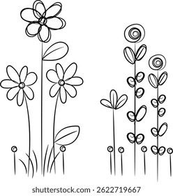 Simple line art illustration of stylized flowers and plants, perfect for children's books, cards, or decorative purposes. Black and white design.