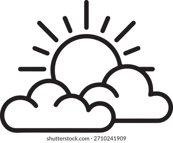 Einfache Liniengrafik der Sonne, die hinter Wolken scheint. Stellt Wetter, Sonnenschein und einen teilweise bewölkten Tag dar. Minimalistisches Design