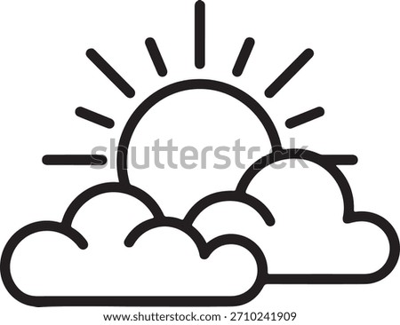 Simple line art illustration of the sun shining behind clouds. Represents weather, sunshine, and a partly cloudy day. Minimalist design.