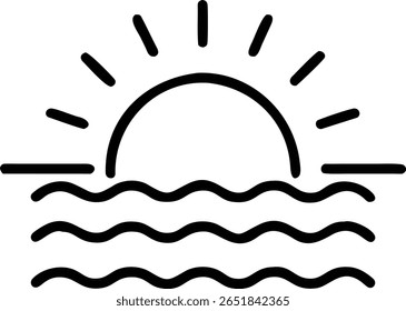 Uma simples ilustração artística do nascer do sol sobre as ondas do oceano, uma cena serena e calma da natureza. 100
