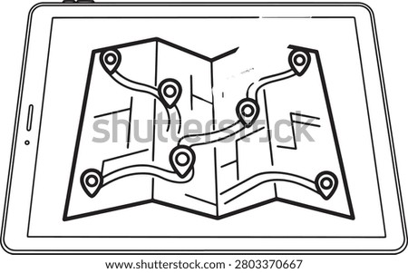 A simple line art illustration of a tablet screen showing a folded paper map with a travel route and multiple location pins, representing digital navigation and logistics planning.