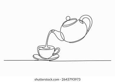 Simples ilustração de arte de linha de um bule de chá derramando chá em uma xícara e pires. Design minimalista, perfeito para menus, sites ou projetos relacionados ao chá. Estética limpa e elegante.