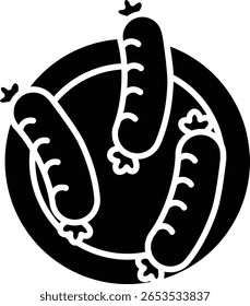 Simples ilustração de arte de linha de três salsichas em um prato. Uma representação de uma refeição rápida.