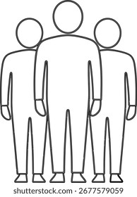 Simple line art illustration of three stylized people standing together, representing teamwork, unity, or a group.