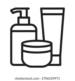 Una simple ilustración de arte lineal de tres envases cosméticos: una botella de la bomba, un frasco y un tubo.
