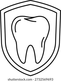 Uma ilustração simples de um dente fechado dentro de um escudo, simbolizando proteção e cuidado com a saúde dental. O design é minimalista, usando linhas pretas em um fundo branco para transmitir um senso de profissionalismo e confiabilidade, muitas vezes usado em clínicas odontológicas ou negócios relacionados.