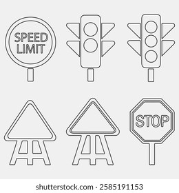 Simple Line Art Illustration of Traffic Signs and Signals