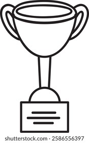 Simple line art illustration of a trophy cup with handles, standing on a base with a blank label for customizable text, representing victory, achievement, and recognition