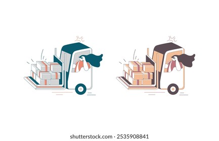 Una ilustración de arte lineal simple de dos camiones de entrega, cada uno con un conductor y una pila de cajas, que representa la entrega rápida.