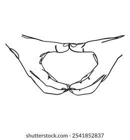 A simple line art illustration of two hands meet each other, creating sign of love line art no color