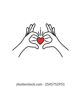 Simple line art illustration of two hands creating a heart shape with a red heart in the center, symbolizing love and unity.