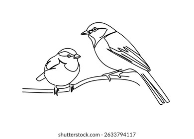 Simple line art illustration of two birds perched on a branch in black and white