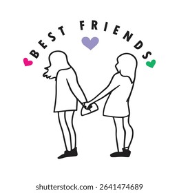 Simple line art illustration of two girls holding hands, surrounded by the words 'Best Friends' and colorful hearts.  Perfect for friendship-themed designs, cards, or apparel