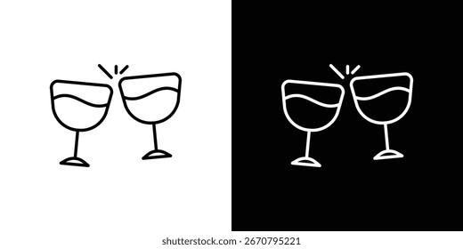 Ilustração de arte de linha simples de dois copos de vinho clinking em um brinde, isolado em fundos brancos e pretos.