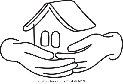 Una simple ilustración de arte lineal de dos manos que se unen para crear la forma de una casa, simbolizando el refugio y el hogar.