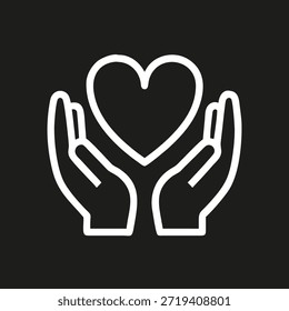 Ilustración simple del arte de la línea de dos manos que sostienen un corazón, blanco sobre fondo negro. Símbolo de cuidado, amor y protección