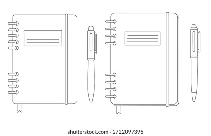 Una simple ilustración de arte lineal de dos cuadernos con bolígrafos a su lado. Los cuadernos tienen fijaciones en espiral y una etiqueta en la parte delantera.