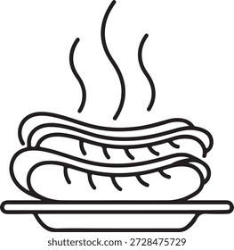 A simple line art illustration of two hot dogs on a plate, with steam rising from them, suggesting they are hot and ready to eat.