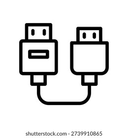 A simple line art illustration of a USB cable with a micro USB connector and a USB plug on a white background.