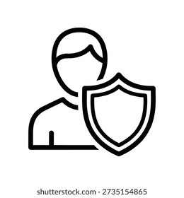 Ilustración de arte lineal simple de un usuario con un escudo, que simboliza la seguridad y la protección, ideal para temas de privacidad y seguridad.