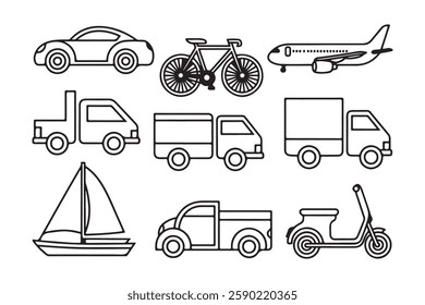 Simple Line Art Illustration of Various Transportation Vehicles, isolated on white background, vector illustration