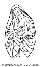 Simple line art illustration of the virgin mary holding baby jesus christ