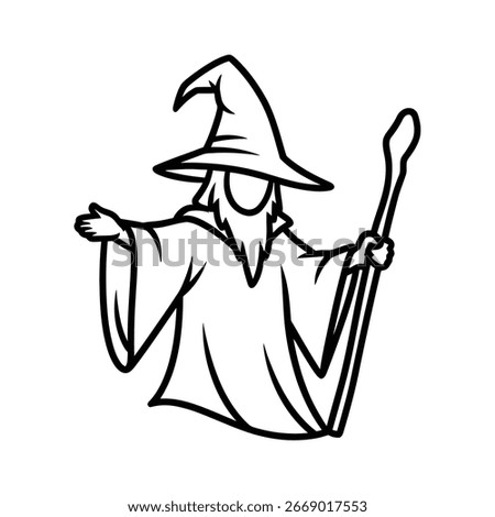 A simple line art illustration of a wizard with a staff, evoking a sense of magic and fantasy. Ideal for designs related to mythical characters and enchanting themes.