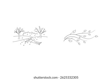 Simple Line Art Illustration Of Woman Lying On Fallen Leaves In Autumn