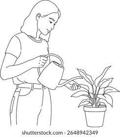 Simple Line Art Illustration: Woman Watering Houseplant