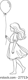 Simple line art illustration of a young girl in a dress with long wavy hair, holding a string of a floating balloon, depicted in a walking pose