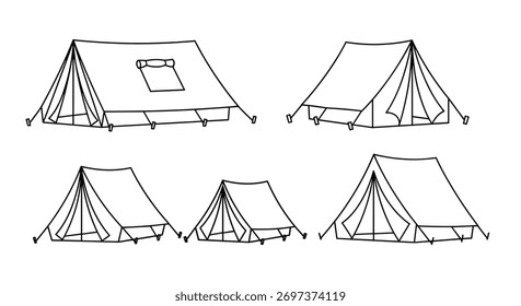 Ilustrações simples ilustradas em arte retratando seis estilos diferentes de tenda de campismo, incluindo uma moldura A e várias tendas de sino, em um fundo branco limpo.