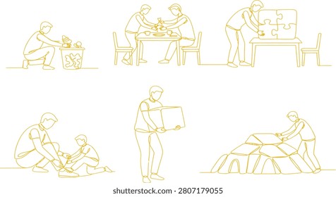 Simple line art illustrations depicting people engaged in daily activities and offering mutual assistance