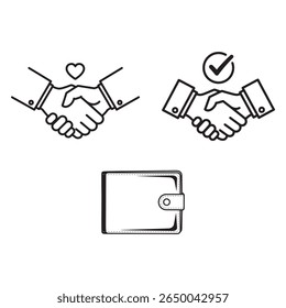 Simple line art illustrations, isolated on white background, depict handshakes symbolizing trust and deals. A wallet icon adds a financial element. Clean, minimalist style ideal for business, finance