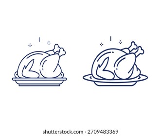 Ilustrações simples de arte de linha de um frango assado em uma bandeja, pronto para servir.