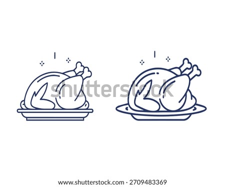 Simple line art illustrations of a roasted chicken on a platter, ready for serving.